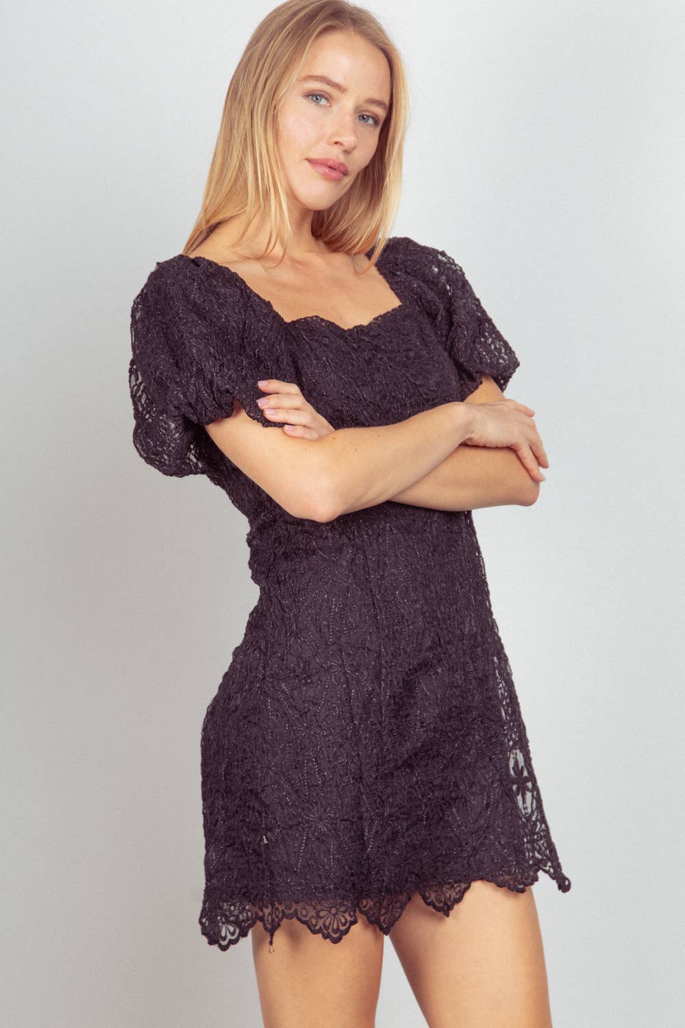 Puff Sleeve Organza Lace Mini Dress