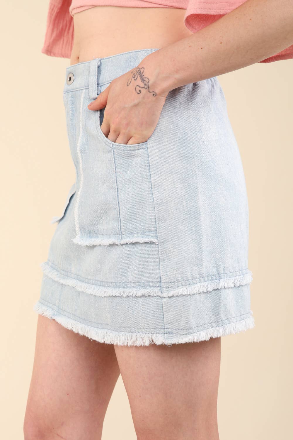 Washed Denim Frayed Hem Mini Skirt