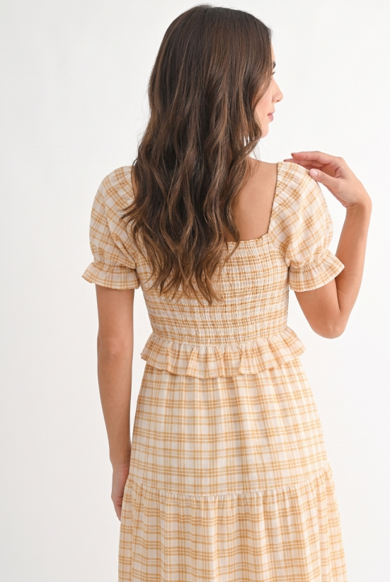 Yellow Checked Midi Dress with Puff Sleeves