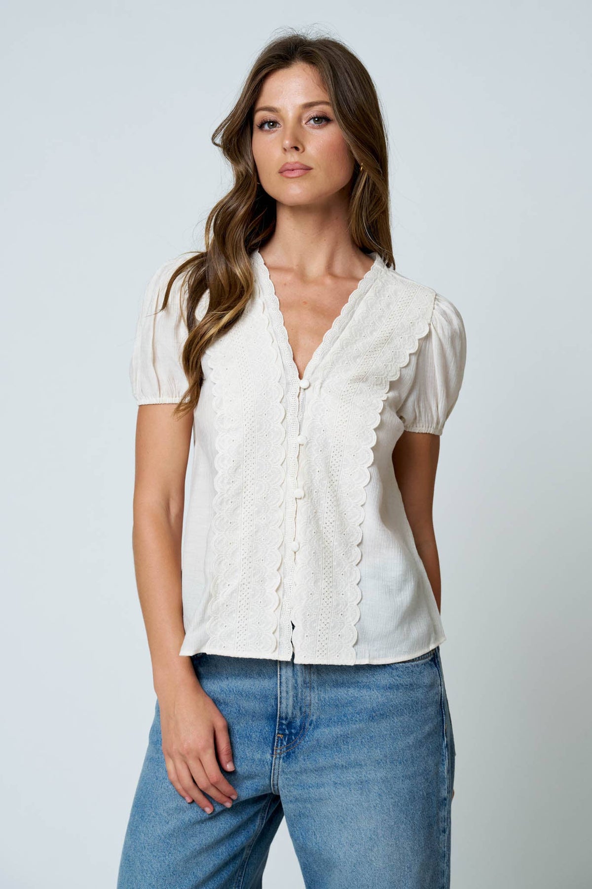 LACE DETAIL PUFF SLEEVE BUTTON DOWN BLOUSE (Multiple Colors)