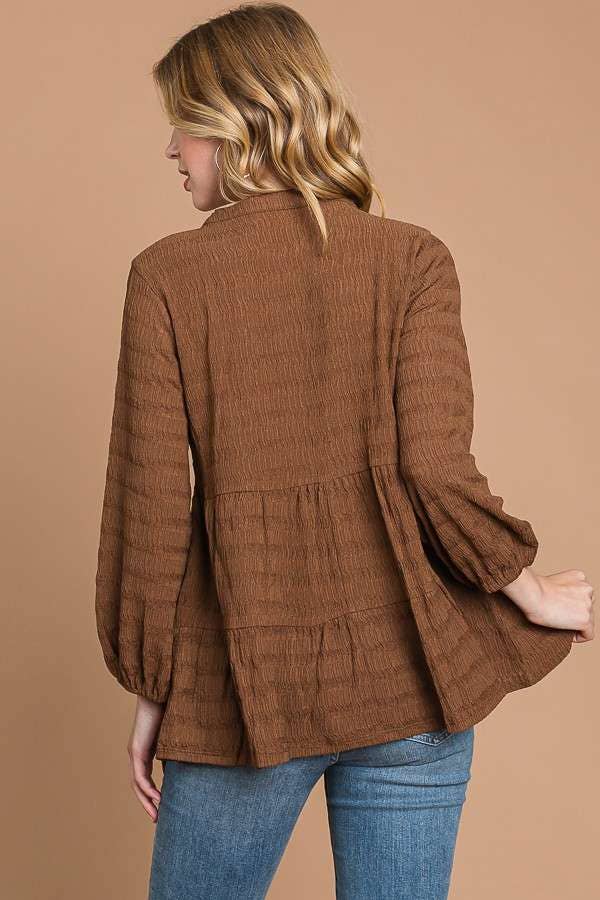 BUTTON DOWN TIERED 3/4 SLV BLOUSE
