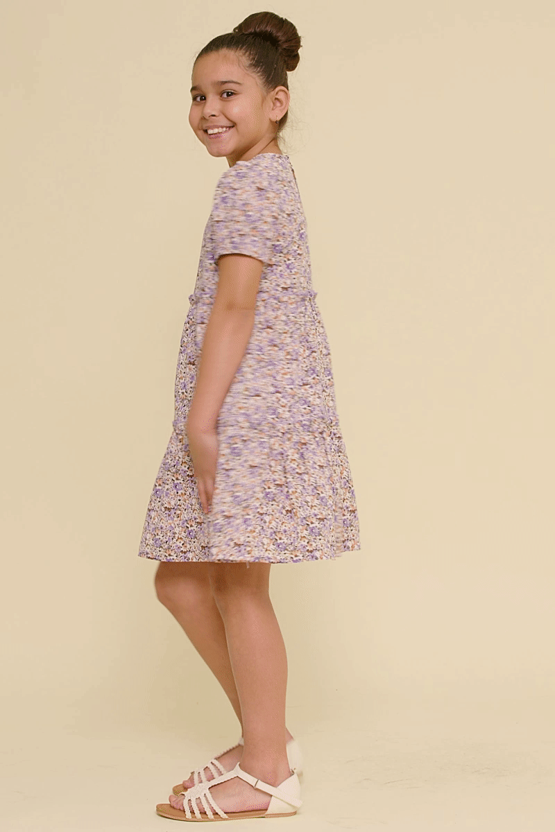 Girls Ditsy Floral Tiered Puff Sleeve V Neck Dress