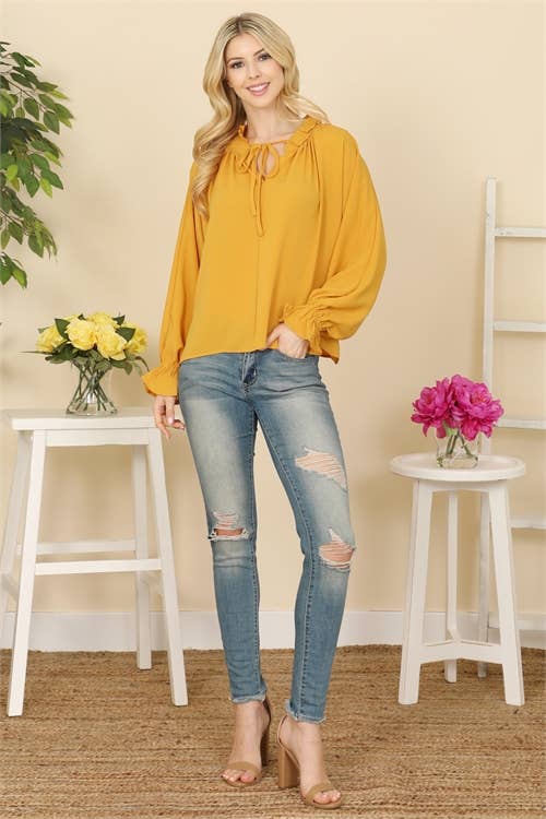 Mustard Long Sleeve Ruffle Tie Neck Top