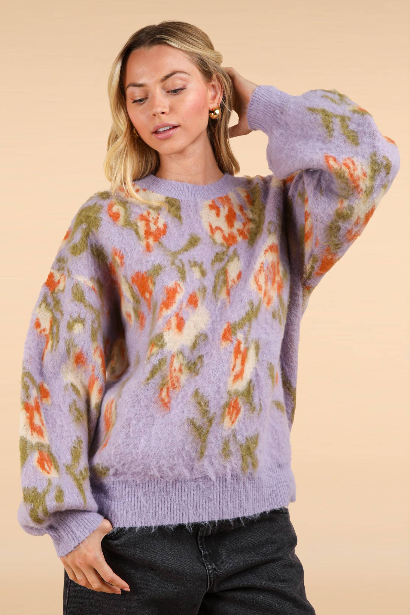 Soft Cozy Floral Print Knit Sweater Top