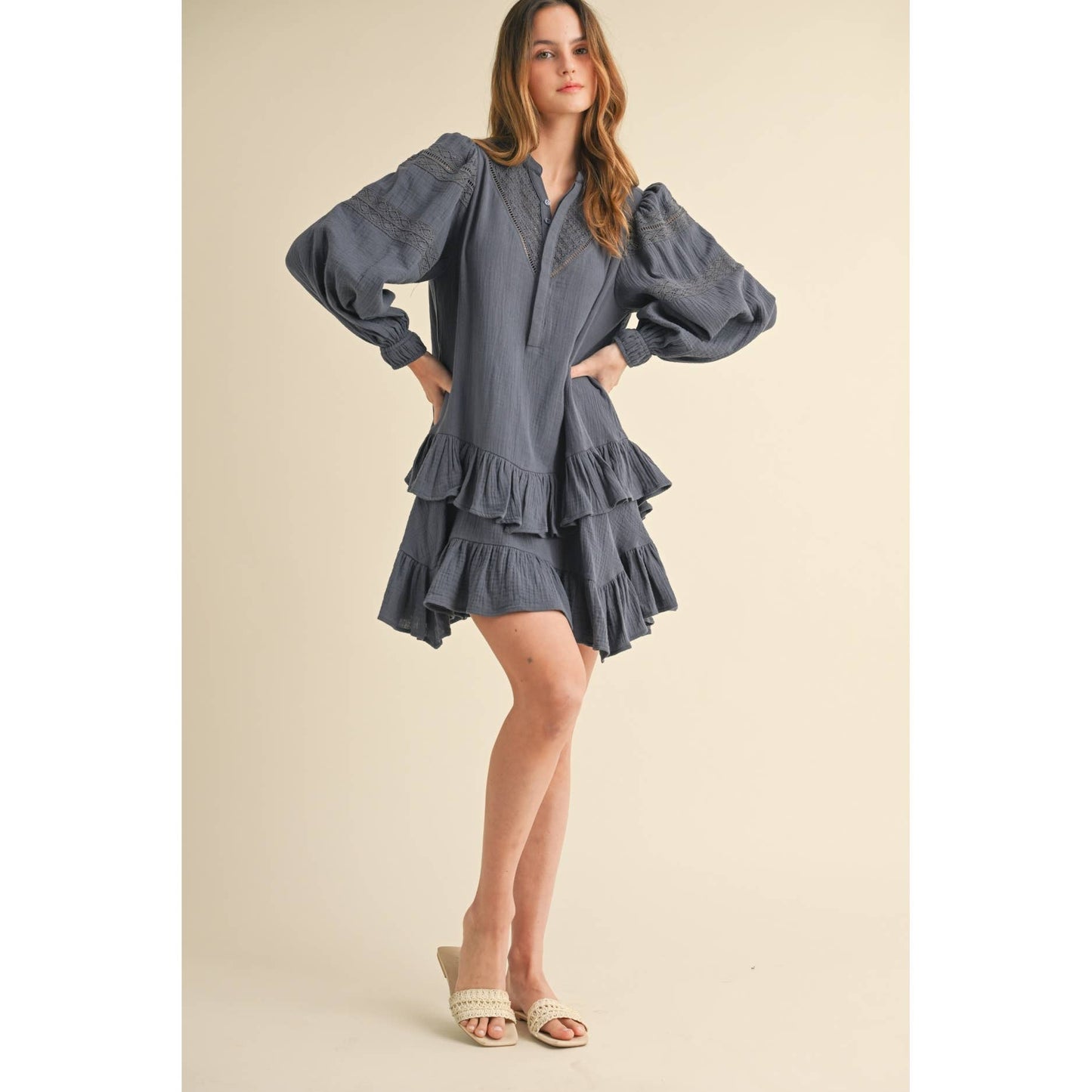 Indigo Blue LONG SLEEVE RUFFLE MINI DRESS
