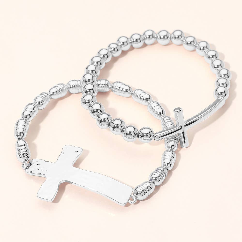 2PCS - Metal Cross Accent Beaded Stretch Multi Layered Bracelet