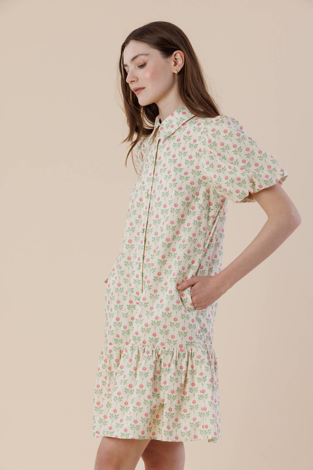 Floral Puff Sleeve Tiered Cotton Mini Dress