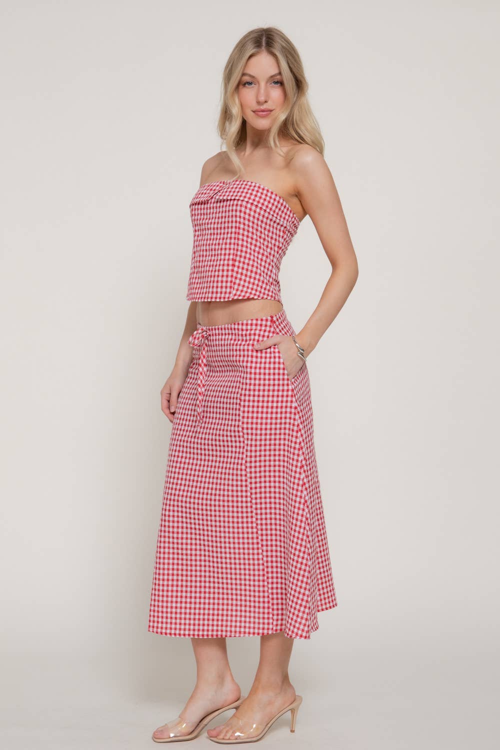 Seersucker Bandeau Top & A-line Midi Skirt Set