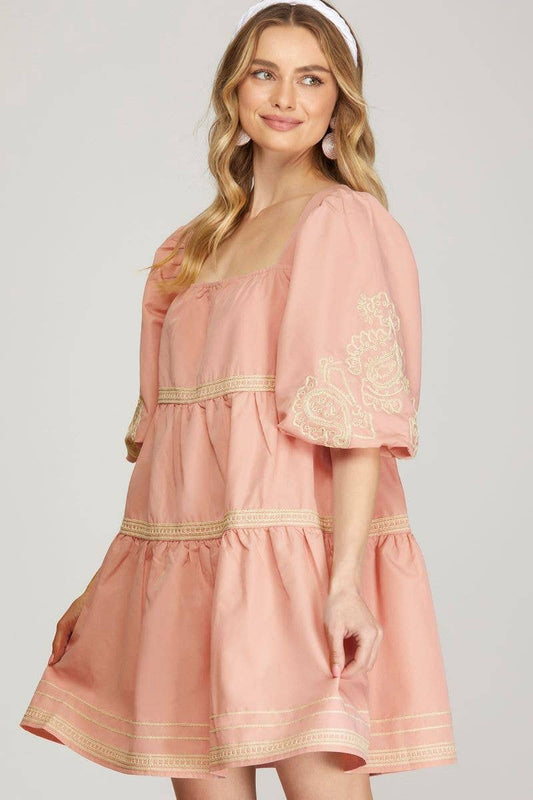 ROSE EMBROIDERED PUFF SLEEVES TIERED WOVEN MINI DRESS