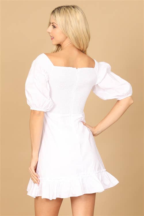 Puff Sleeve Smocked Ruffle Hem Solid Dress