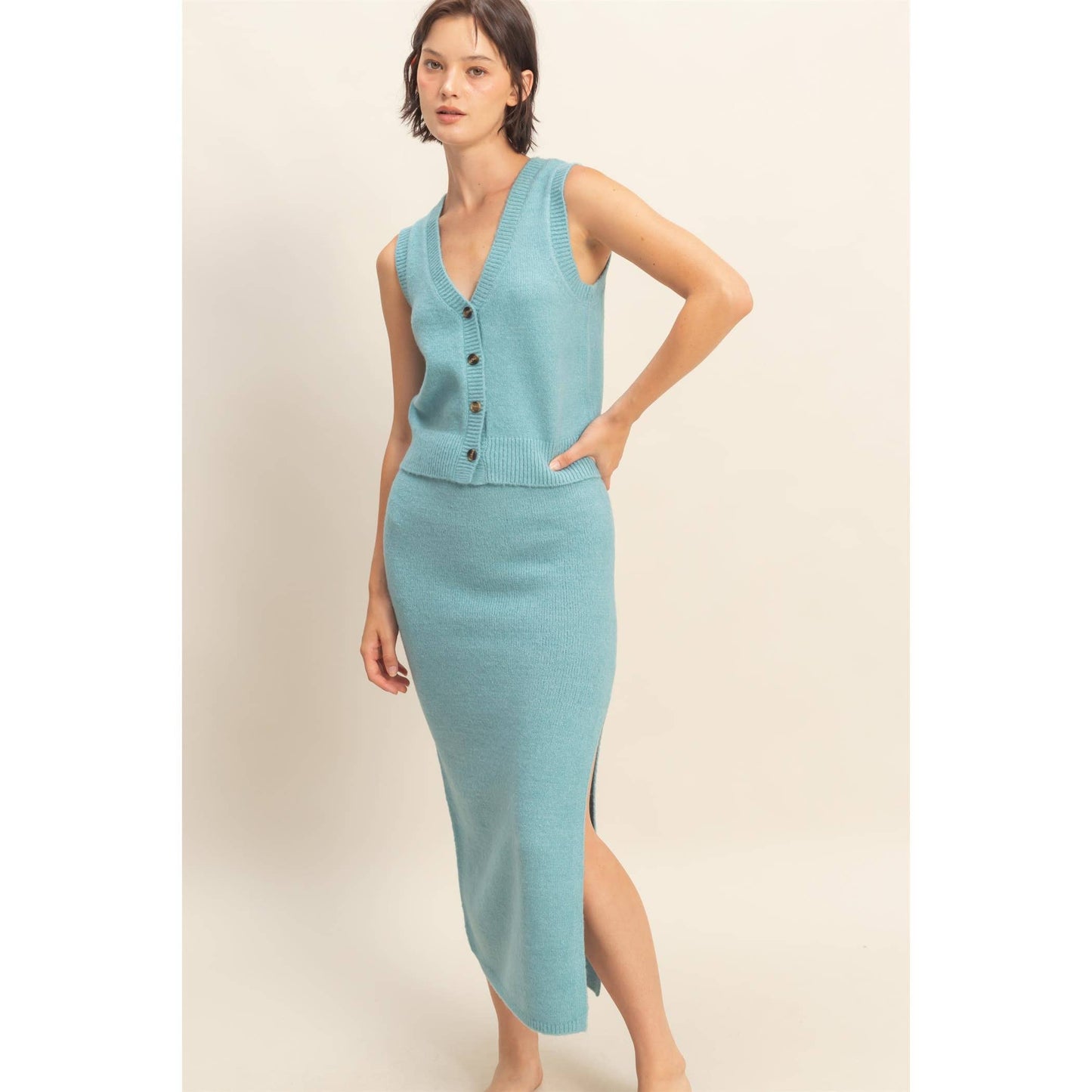 Button Front Vest & Midi Skirt Knit Set