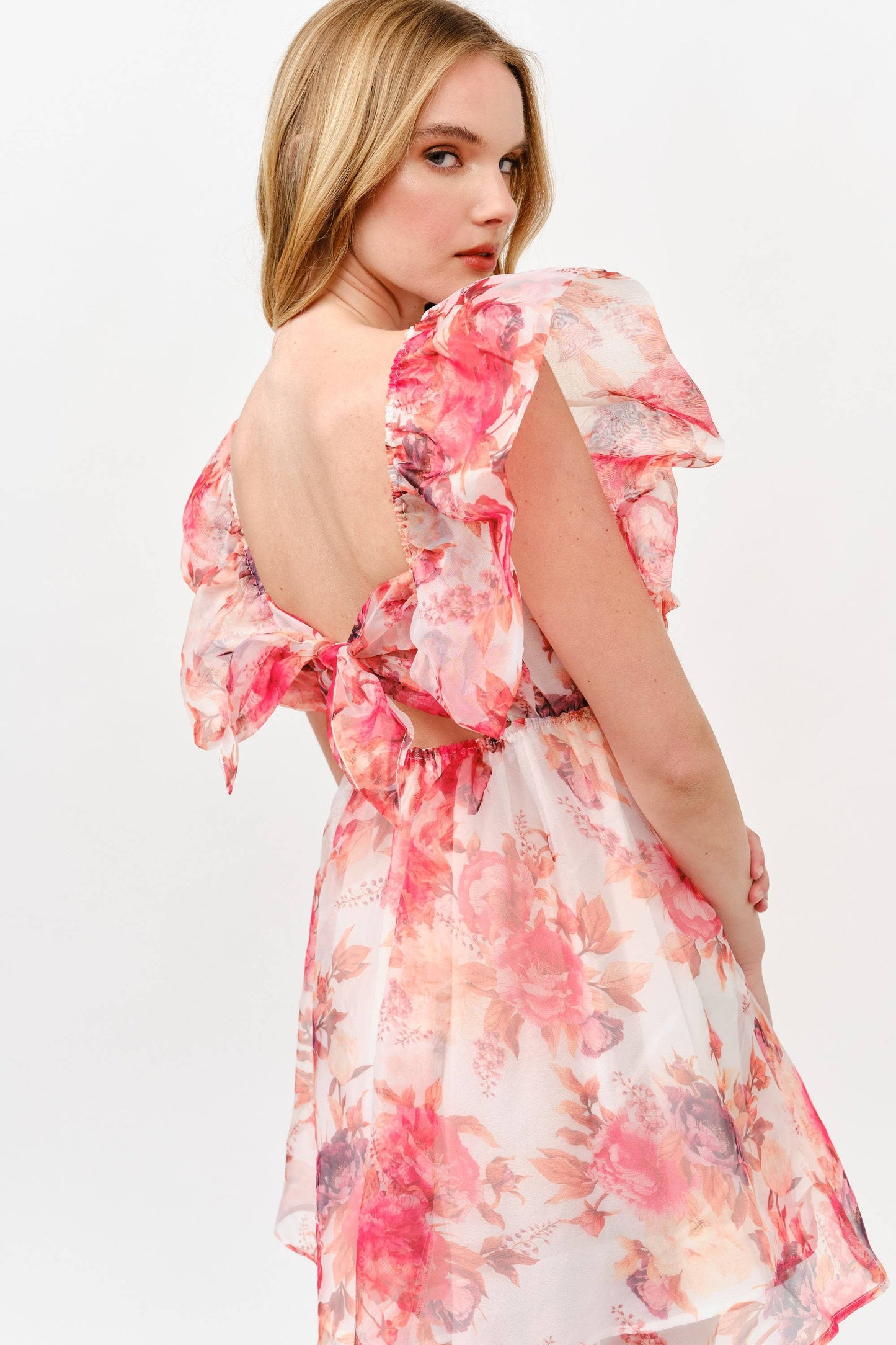 Pink Floral Chiffon Mini Dress with Ruffle Sleeves