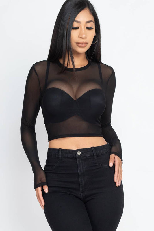 Solid Mesh Sheer Crop Top