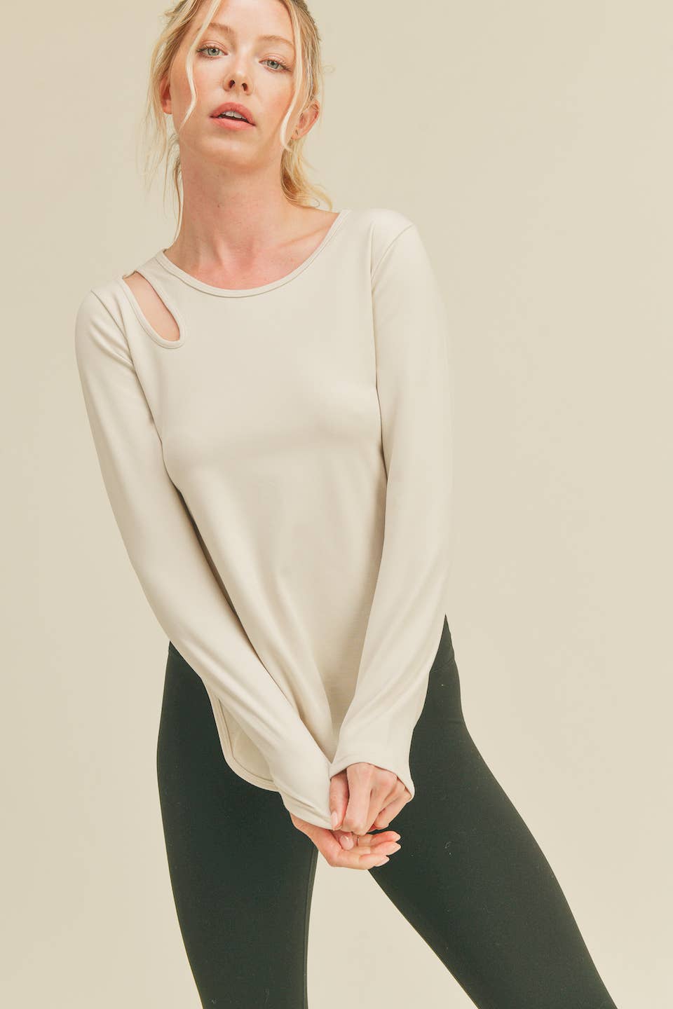 Oatmeal Asymmetrical Slit Long Sleeve Top