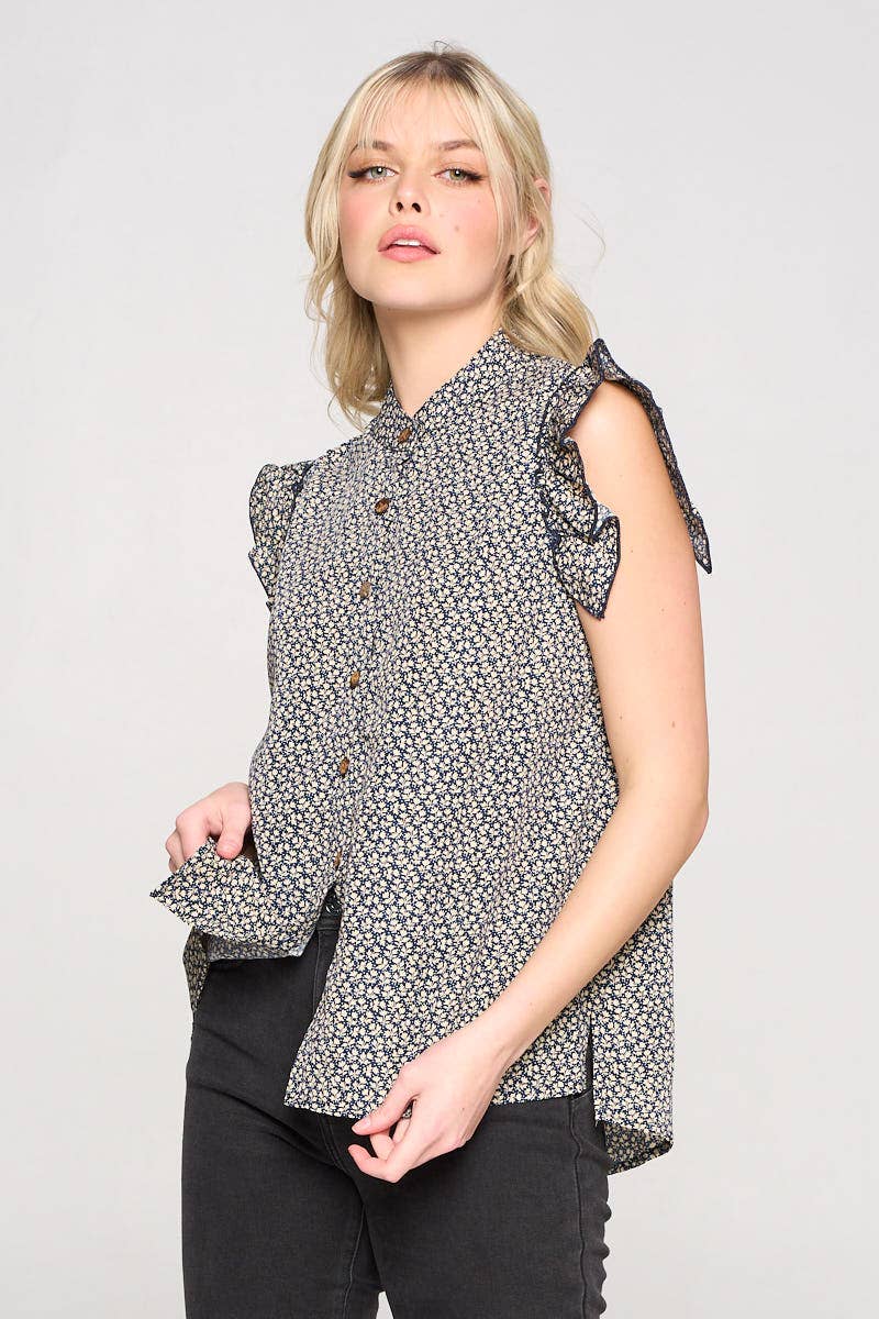 Tiny Floral Print Ruffled Sleeves Blouse