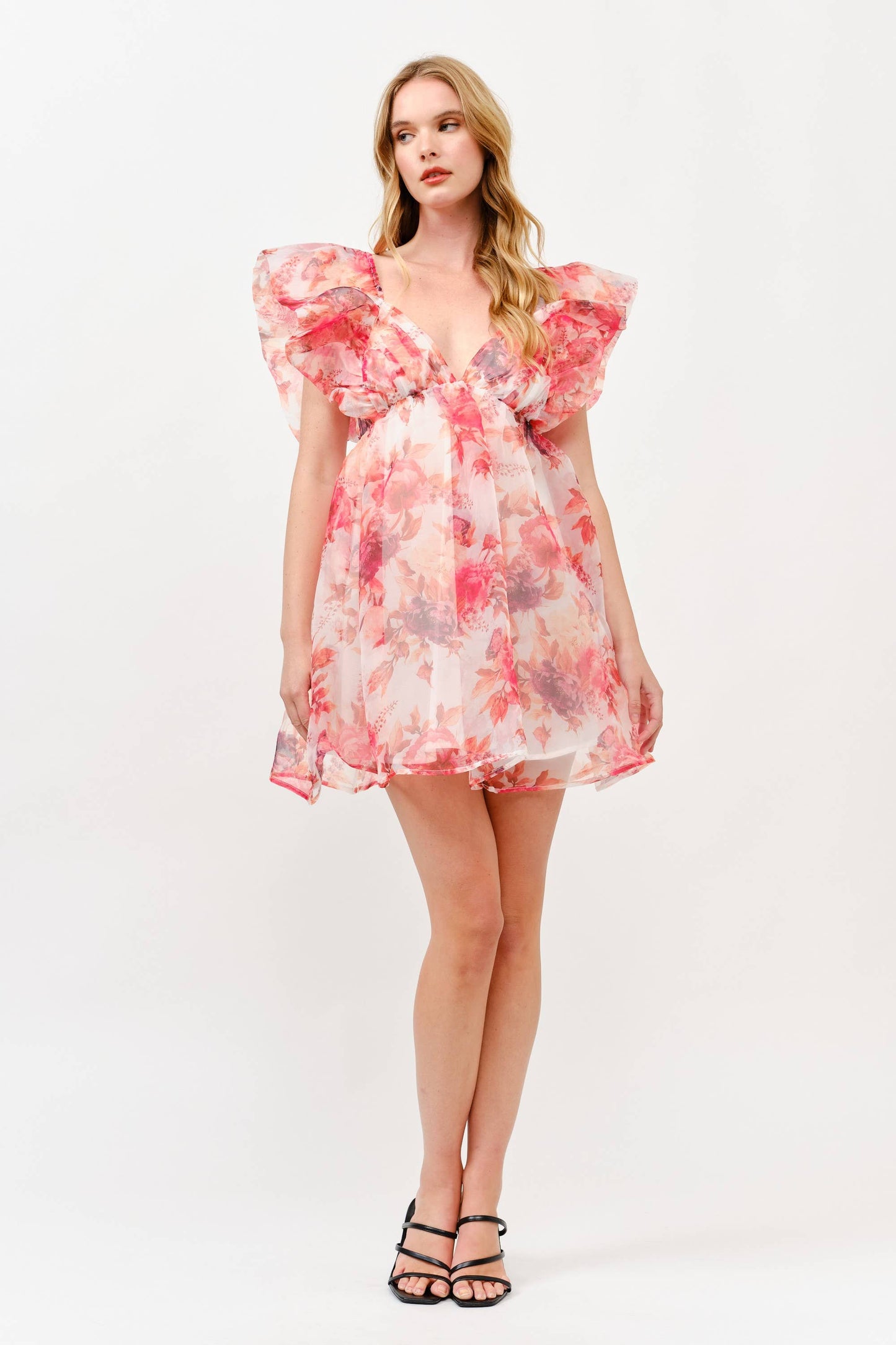 Pink Floral Chiffon Mini Dress with Ruffle Sleeves