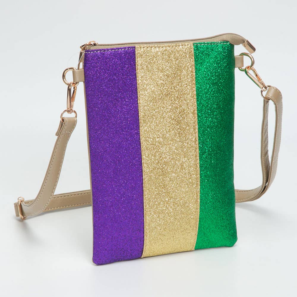 Glittered Vertical Strip Mardi Gras Flat Mini Crossbody Bag: Gold