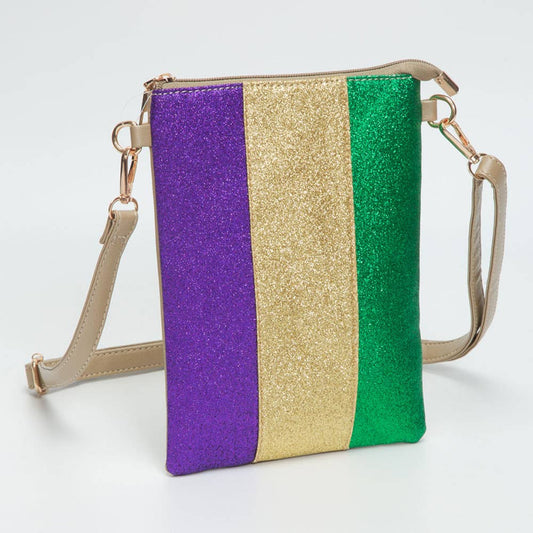 Glittered Vertical Strip Mardi Gras Flat Mini Crossbody Bag: Gold
