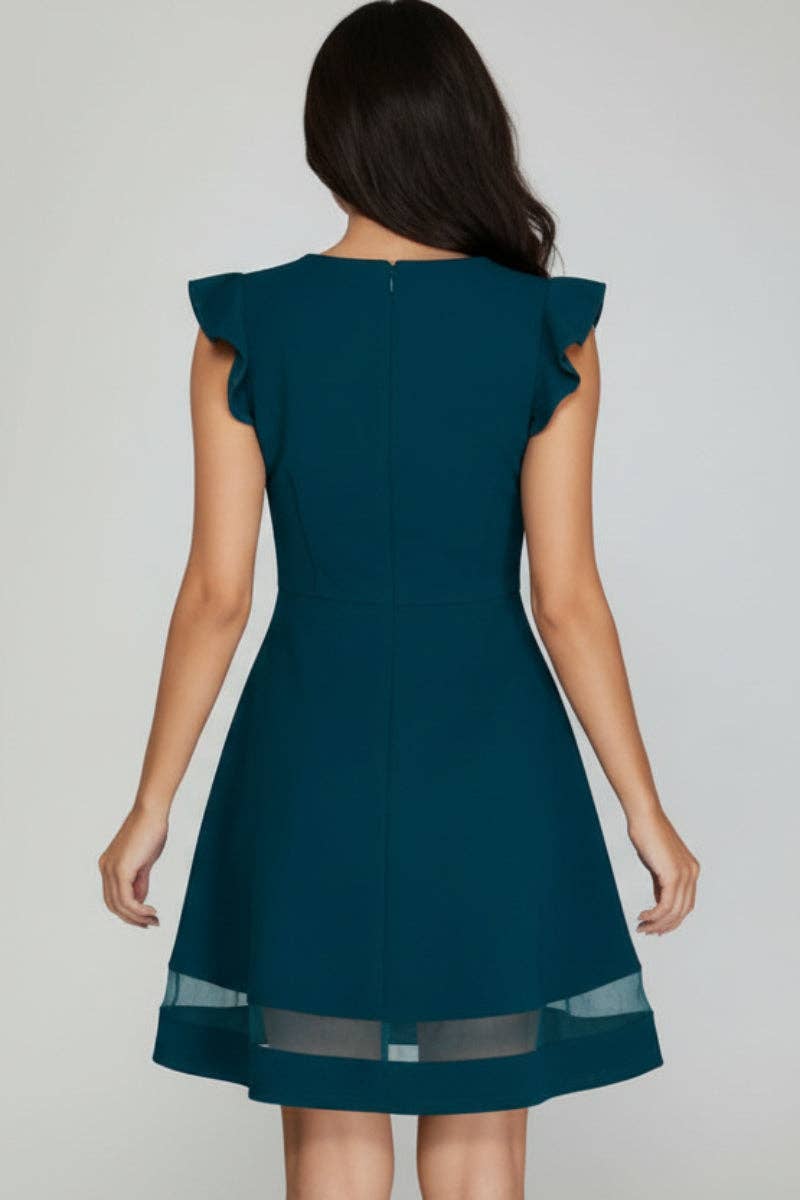 RUFFLED CAP SLEEVE ORGANZA HEM DETAIL MINI DRESS