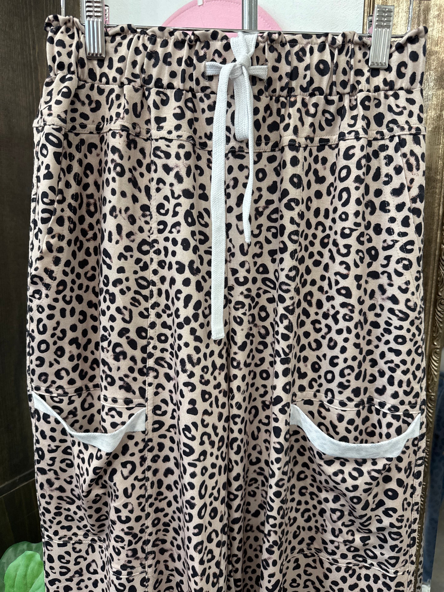 Leopard Print Wide Leg Terry Knit Pants ~ Khaki Tone