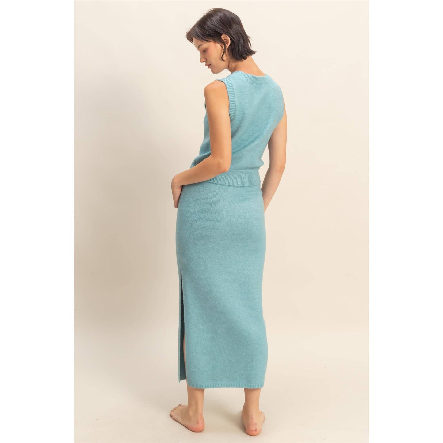 Button Front Vest & Midi Skirt Knit Set