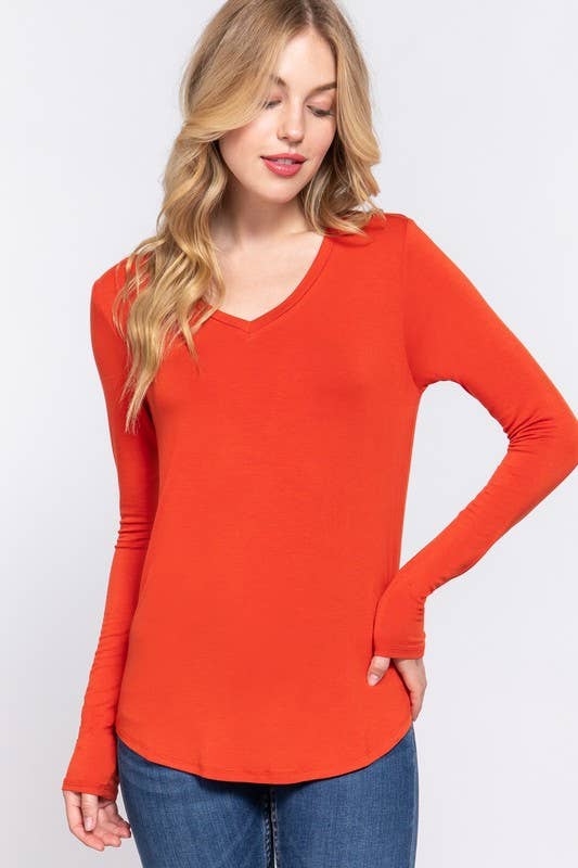 Long Sleeve V-neck Rayon Spandex Jersey Top
