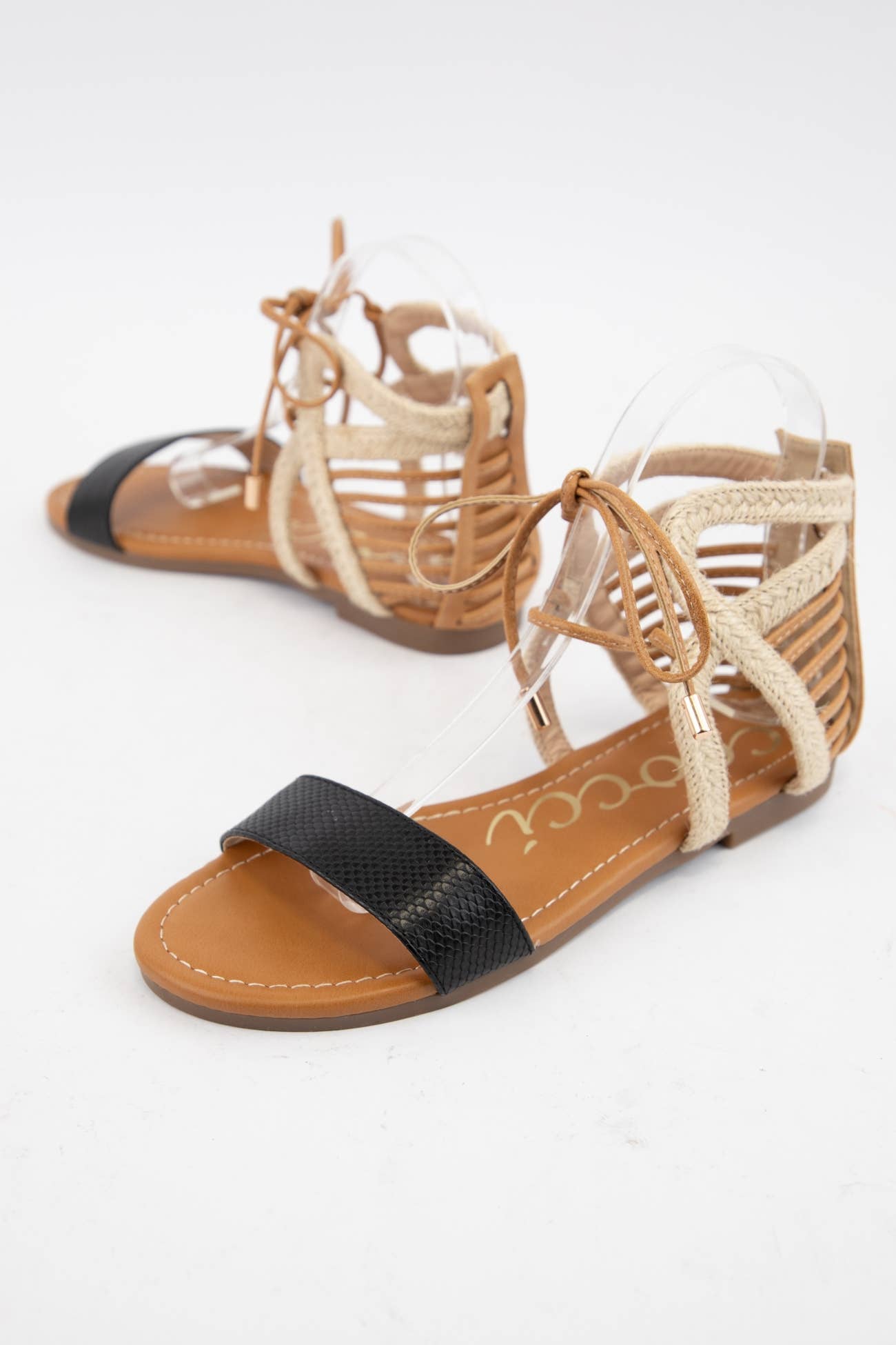 PAOLA Boho Lace Up Flat Sandals Braided Back