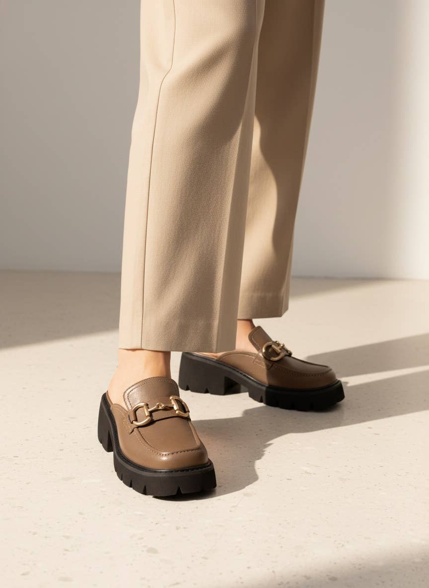 LYNN Chunky Lug Sole Loafer Mules with Horsebit Chain Detail ~ MOCHA