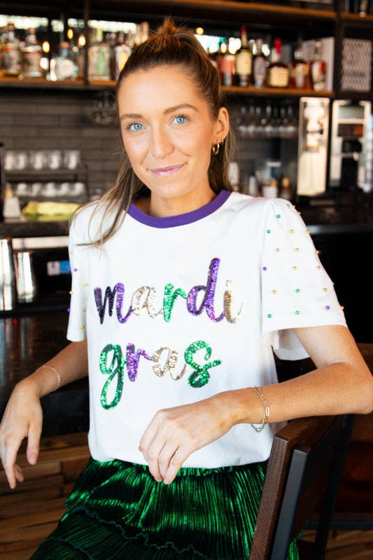 Sequin "Mardi Gras" on White Princess Top