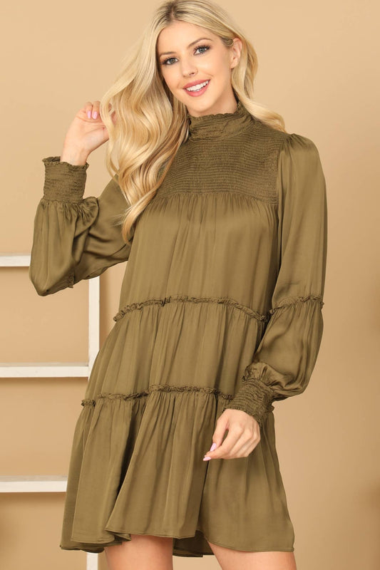 Shirred High Neck Puff Sleeve Tiered Satiny Dress