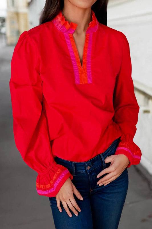 Firecracker Ruffle V Neck Long Sleeve Blouse