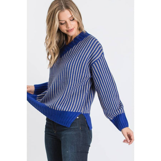 CONTRAST VERTICAL STRIPE V NECK PULLOVER SWEATER ~ Blue