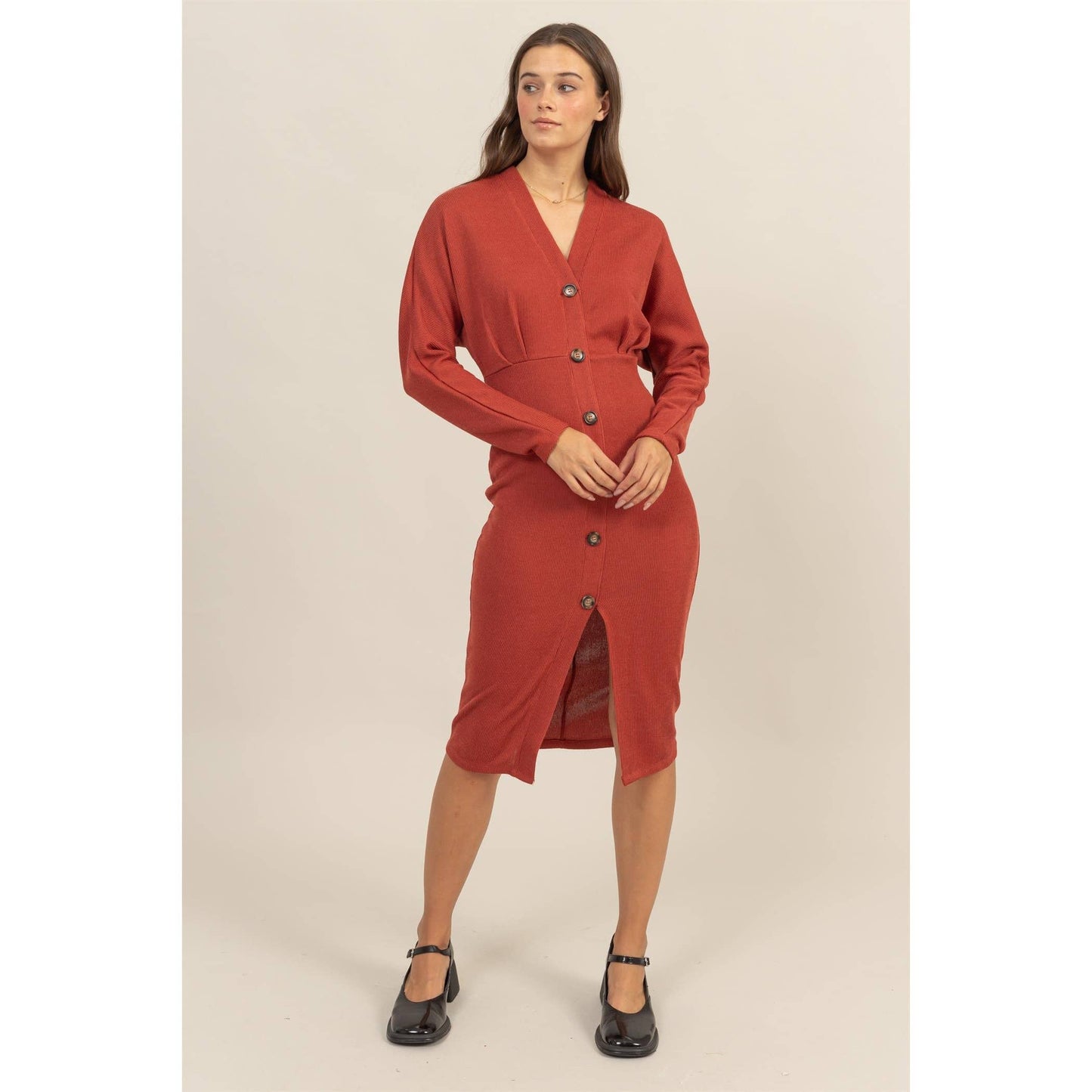 Faux Button-Down Knit Midi Dress ~ Rust