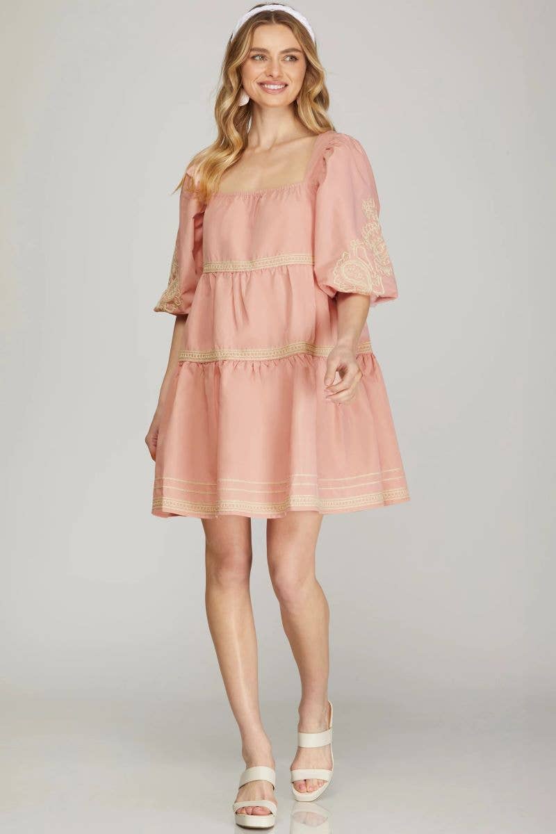 ROSE EMBROIDERED PUFF SLEEVES TIERED WOVEN MINI DRESS