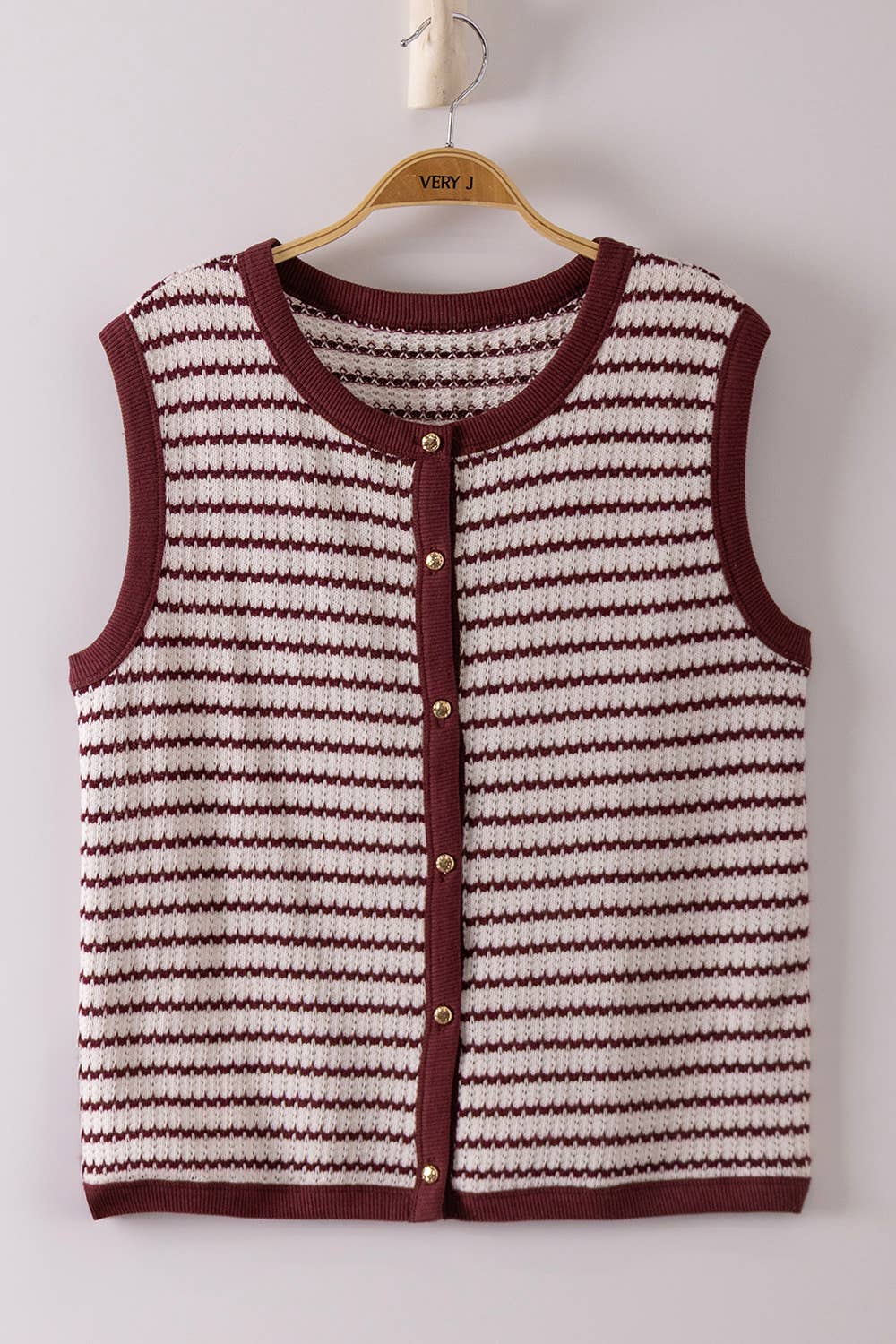 Burgundy Stripe Knit Button Down Top