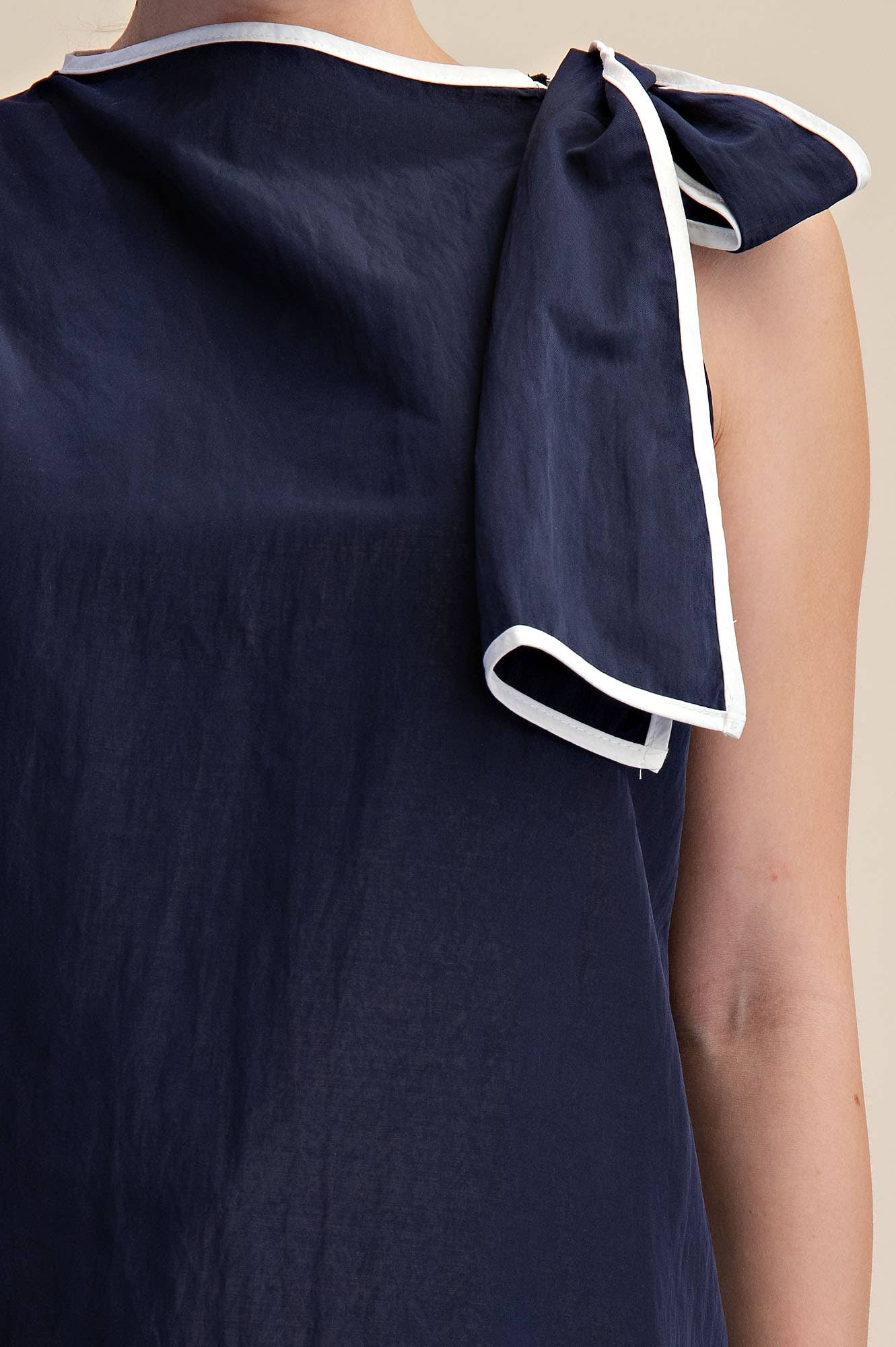 Asymmetric Pleated Shoulder Contrasting Bow Top