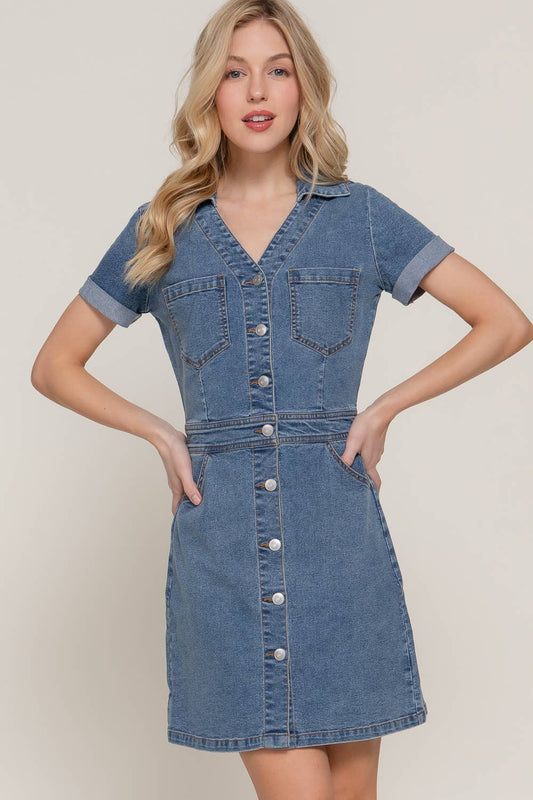 Short Sleeve Stretch Denim Mini Dress