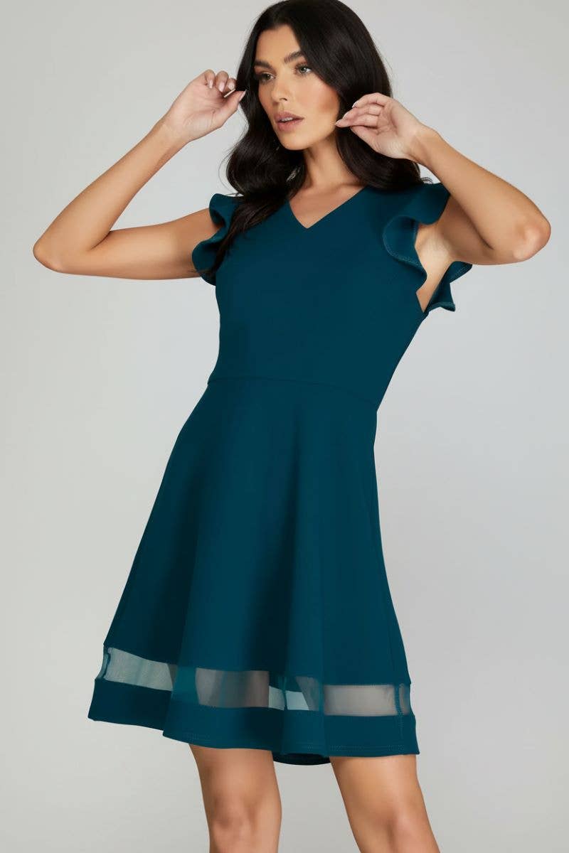RUFFLED CAP SLEEVE ORGANZA HEM DETAIL MINI DRESS