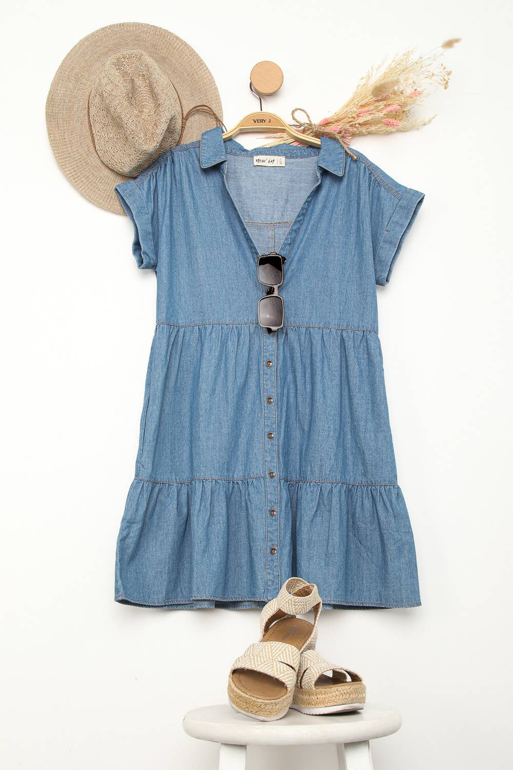 Denim Shirt Tiered Mini Dress