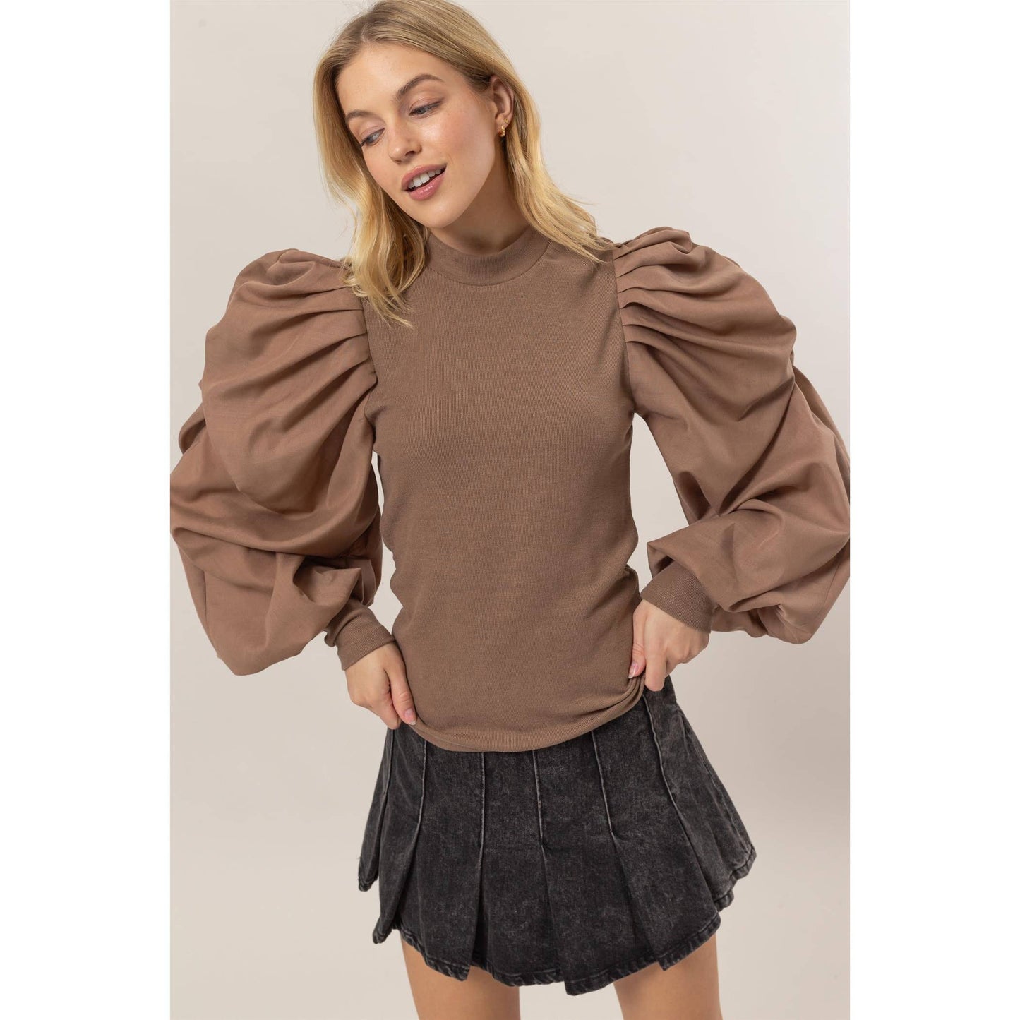 Mock Neck Puff Sleeve Blouse