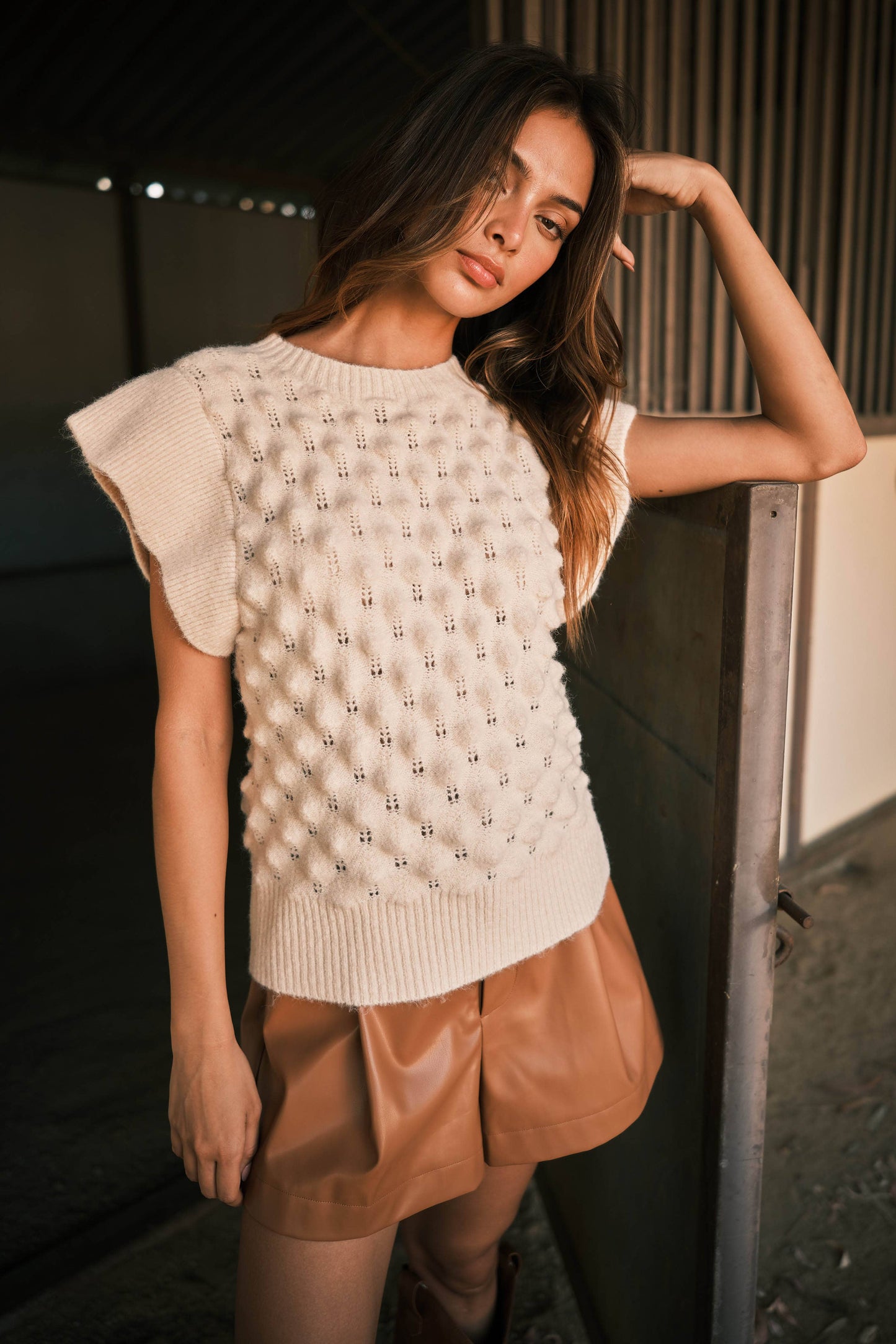 Ruffle Sleeve Textured Sweater Top - Cream