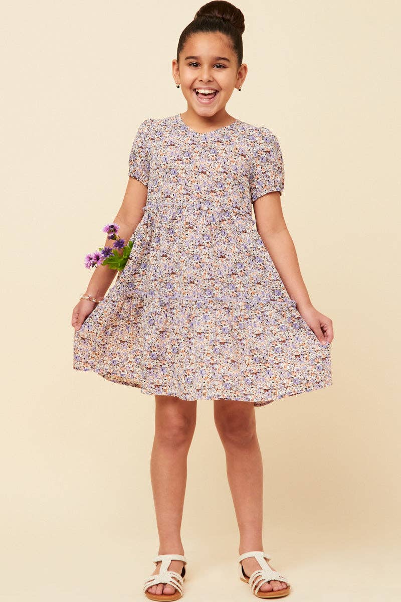 Girls Ditsy Floral Tiered Puff Sleeve V Neck Dress
