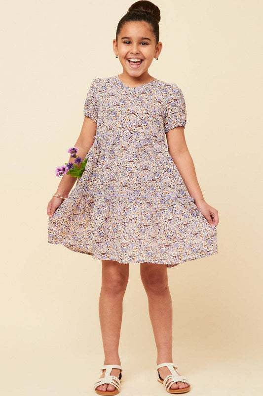 Girls Ditsy Floral Tiered Puff Sleeve V Neck Dress