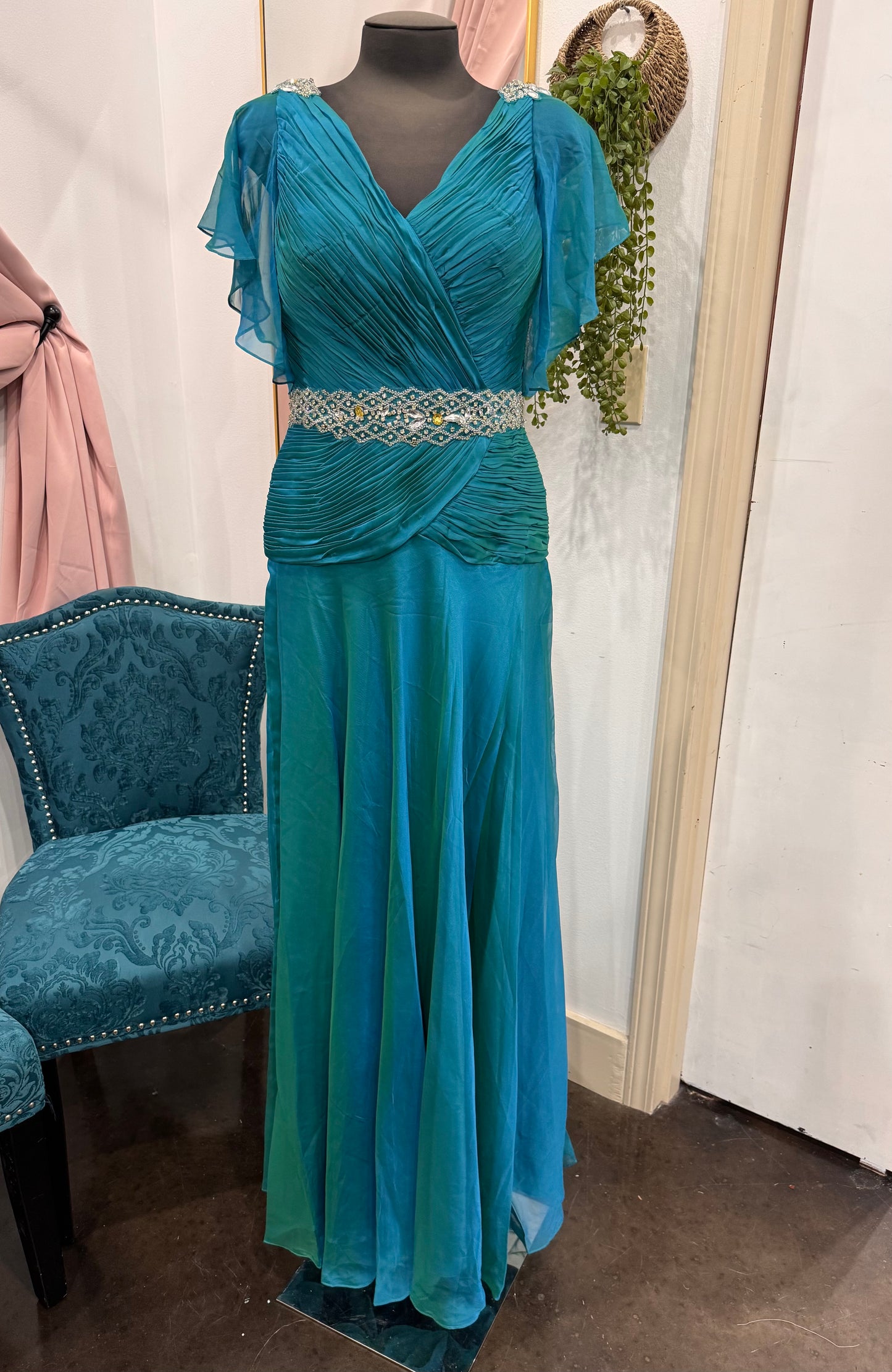 Teal Ruched Bodice and Beaded Waistband Bridal Dress ~ Medium