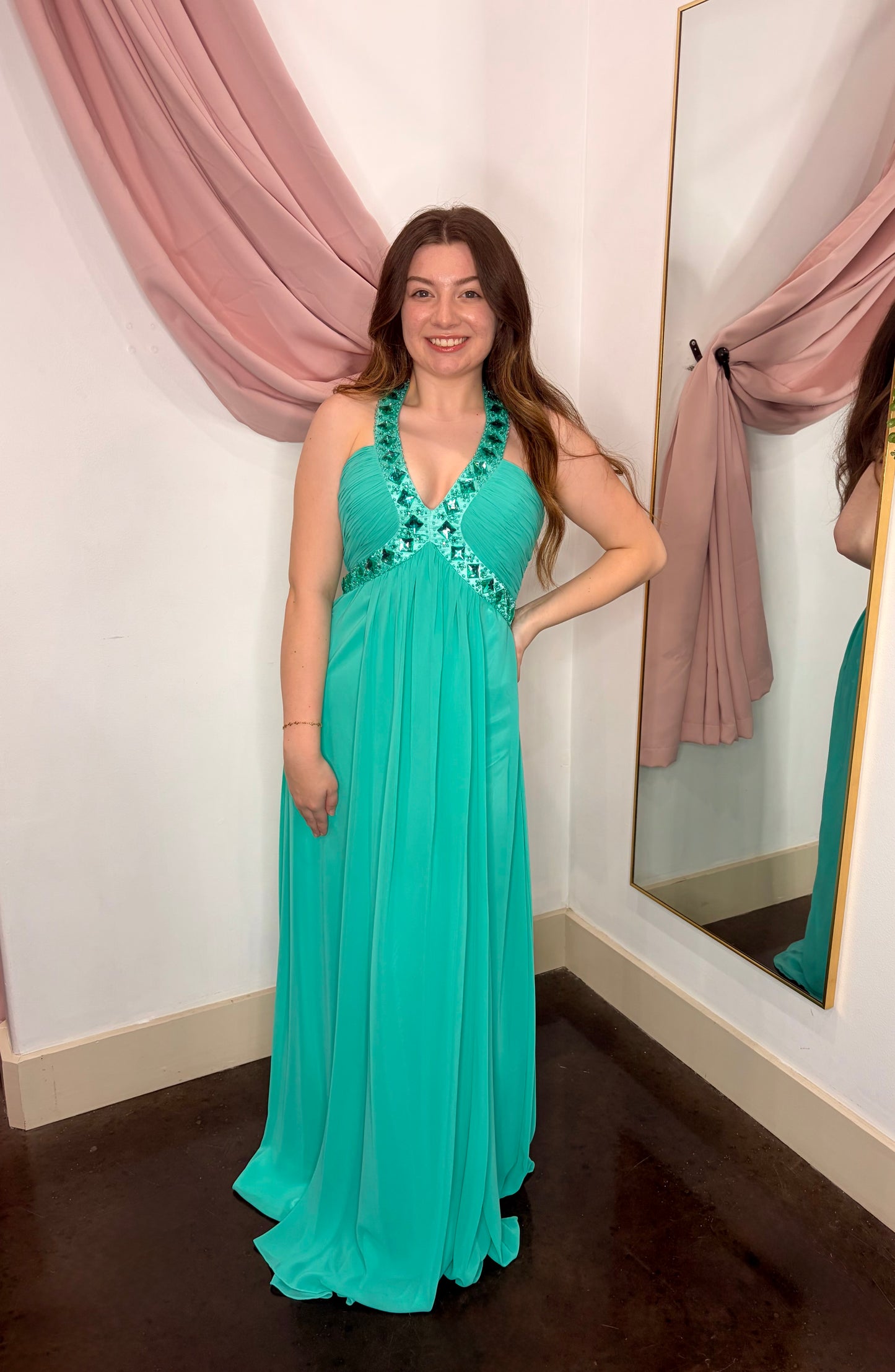 HALTER NECK WITH  BEADED FORMAL DRESS ~ Small