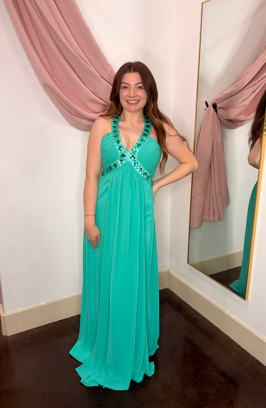 HALTER NECK WITH  BEADED FORMAL DRESS ~ Small
