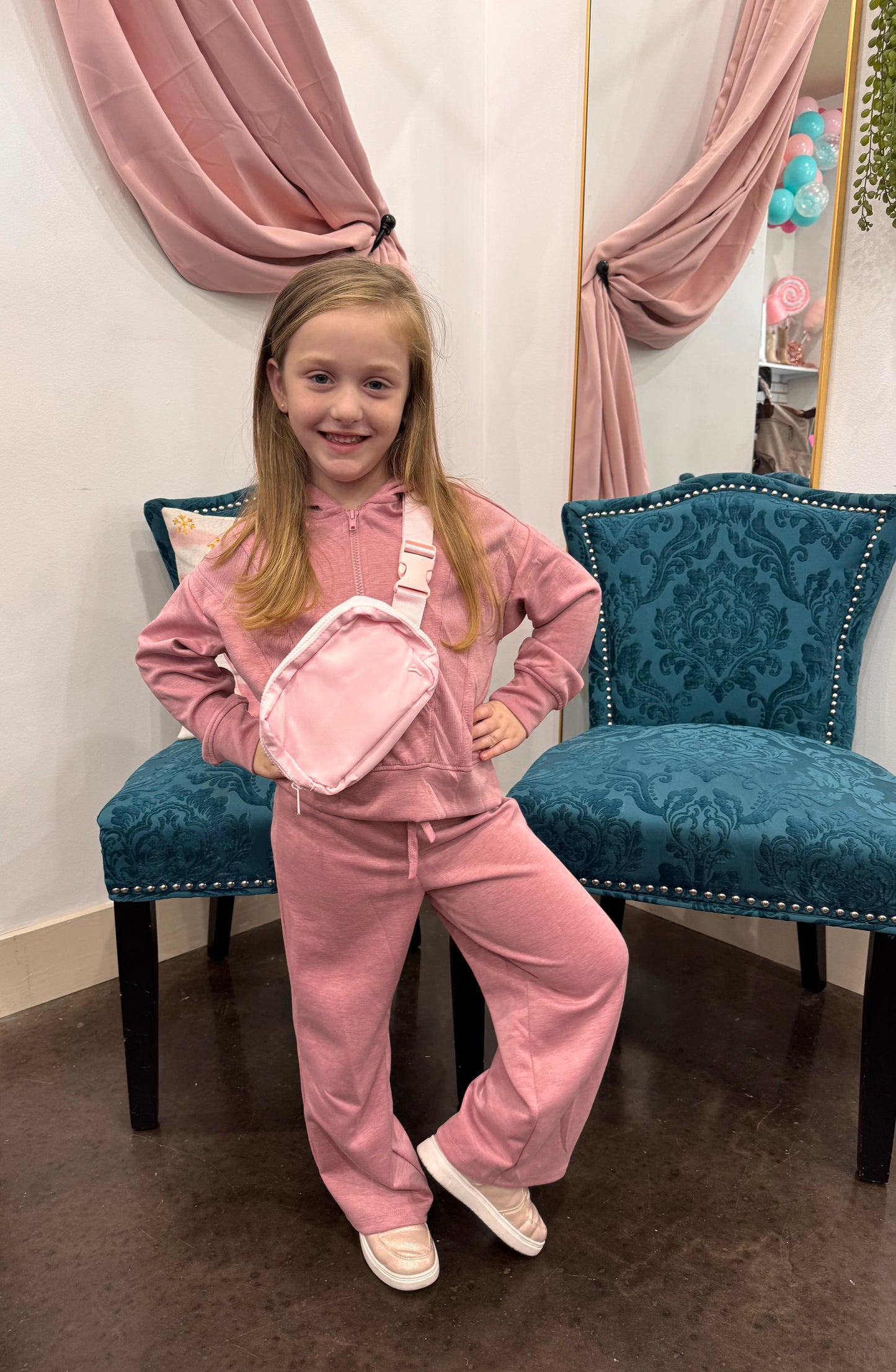 Little Girls Half Zip Hoodie, Wide Leg Pant, Fanny Bag Set ~ Blossom