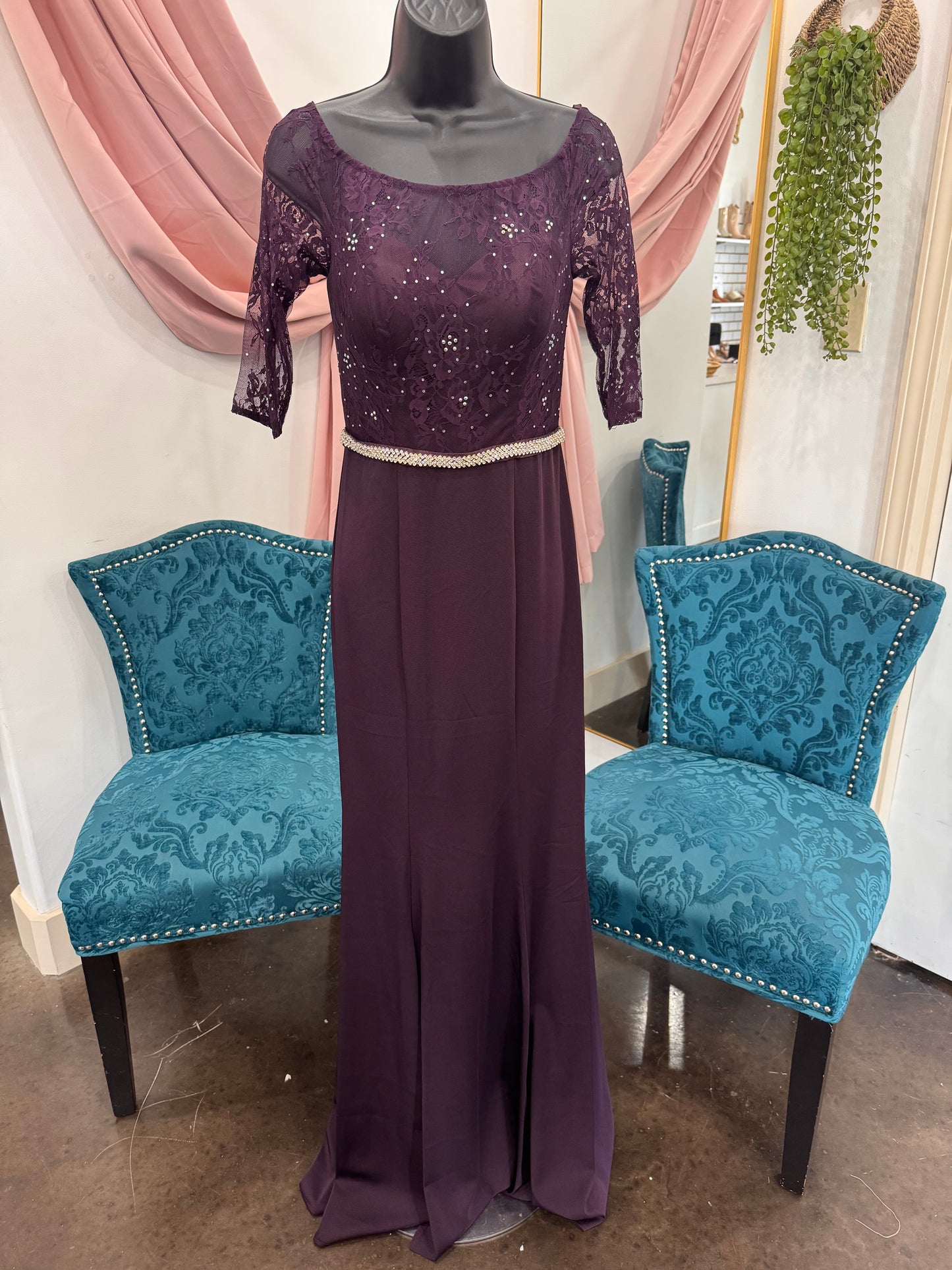 Plum Lace Illusion Neckline Gown ~ Small