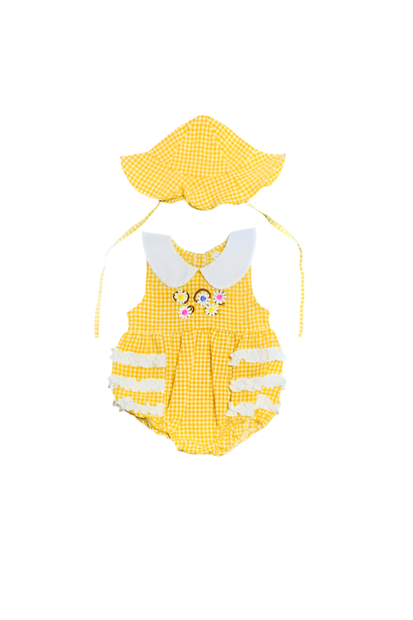Mustard checker embroidered flowers baby romper&hat