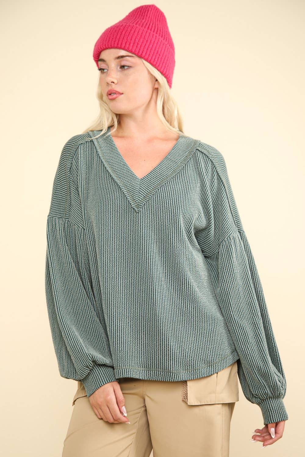 Ribbed V-Neck Oversized Knit Top